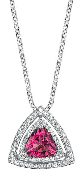 18Kt. White Gold Stunning Double Halo with  Trillion Shaped Rubellite Tourmaline and Diamond Pendant