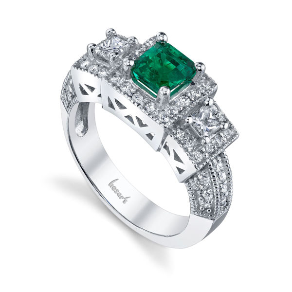 14Kt White Gold Distinctive Halo Style Princess Cut Emerald and Diamond Ring
