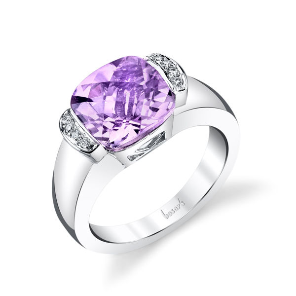 14Kt White Gold Classic Bezel Set Cushion Cut Amethyst and Diamond Ring