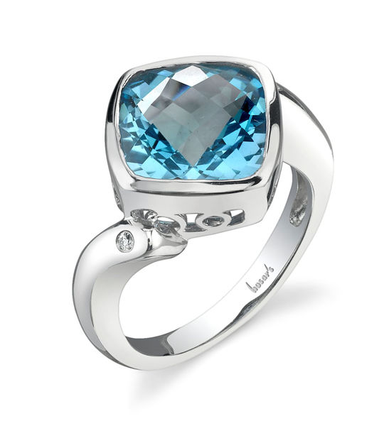 14Kt White Gold Bypass Style Cushion Cut Blue Topaz and Diamond ring