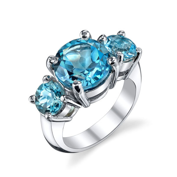 14KT White Gold Classic Three Stone Blue Topaz Wide Ring