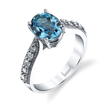 14Kt White Gold Classic Oval Aquamarine and Diamond Ring