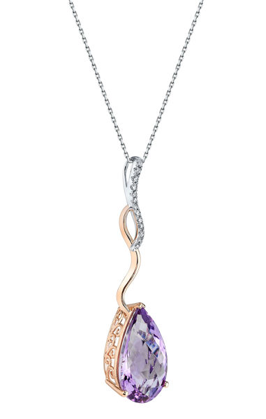 14Kt White and Rose Gold Pear Shaped Amethyst and Diamond Long Swirl Pendant