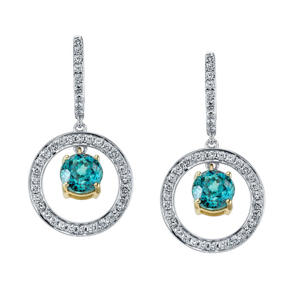 14Kt White and Yellow Gold Blue Zircon and Diamond Circle Drops from Diamond Hoop Earrings