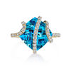 14Kt Yellow Gold Contemporary Diamond Swirl Design over Cushion Cut Blue Topaz Ring