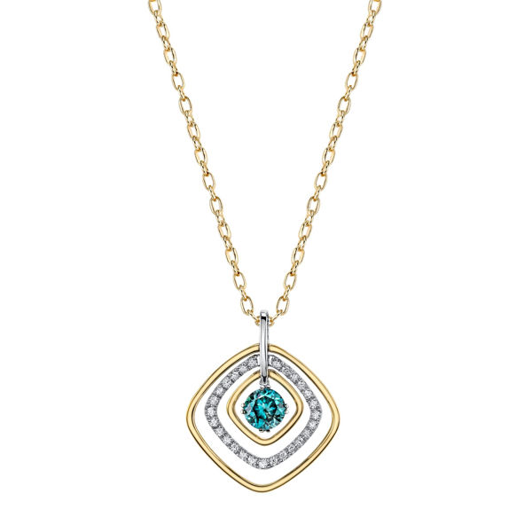 14Kt White and Yellow Gold Angled Squares and Blue Zircon and Diamond Pendant