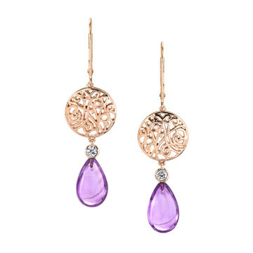 14Kt Rose Gold Decorative Amethyst Briolette and Diamond Dangle Earrings