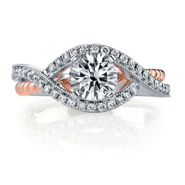 14Kt White and Rose Gold Bypass Diamond Engagement Ring with Rope Detail.