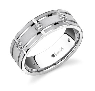 14Kt White Gold Men's Engraved Diamond Wedding Ring with Satin Finish