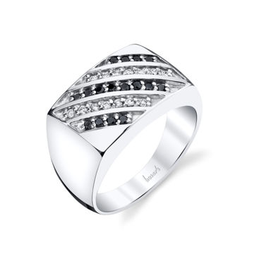 14Kt White Gold Men's Flat Top Diamond Wedding Ring with Black Diamonds