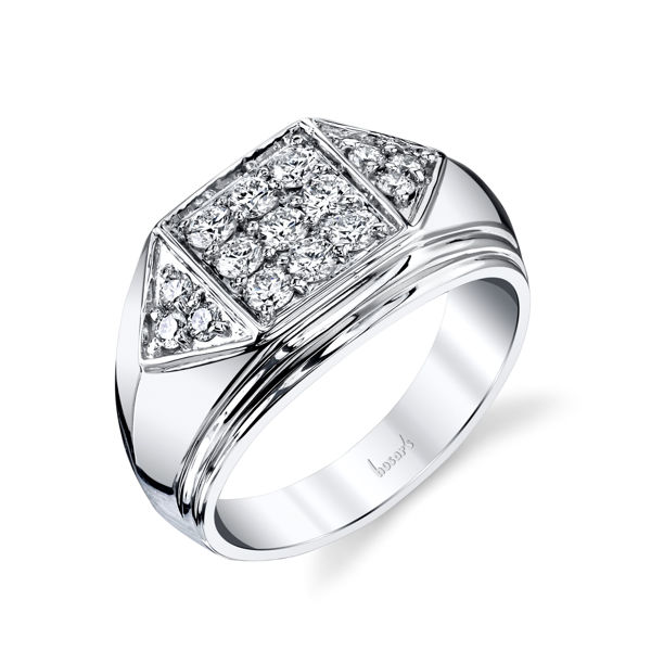 14Kt White Gold Men's Flat Top Diamond Wedding Ring with Triangle Clusters