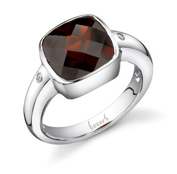 14Kt White Gold Modern Bezel Set Cushion Cut Pyrope Garnet and Flush Set Diamond Ring