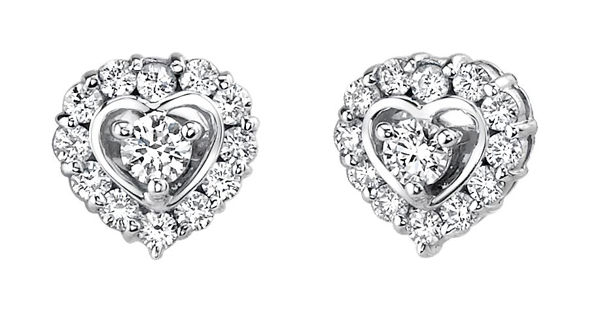 14Kt White Gold Diamond Earrings with Heart Shaped Halo