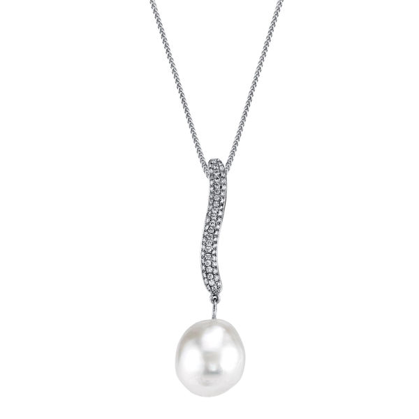 14Kt White Gold Modern 13mm South Sea Pearl and Pave Diamond Pendant