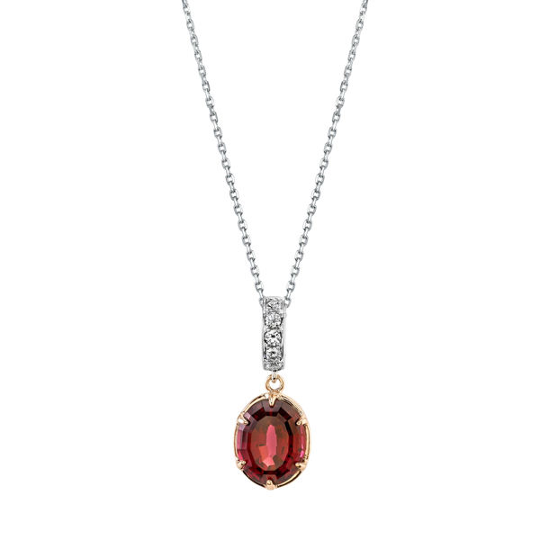 14Kt White and Rose Gold Dangling Oval Rhodalite Garnet and Diamond Bale Pendant