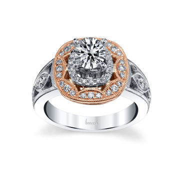 14Kt White and Rose Gold Vintage Double Cushion Halo Diamond Engagement Ring. *Center Diamond not included.