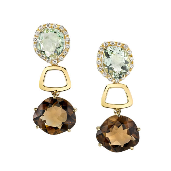 14Kt Gold Geometric Drop Style Quartz and Diamond Earrings