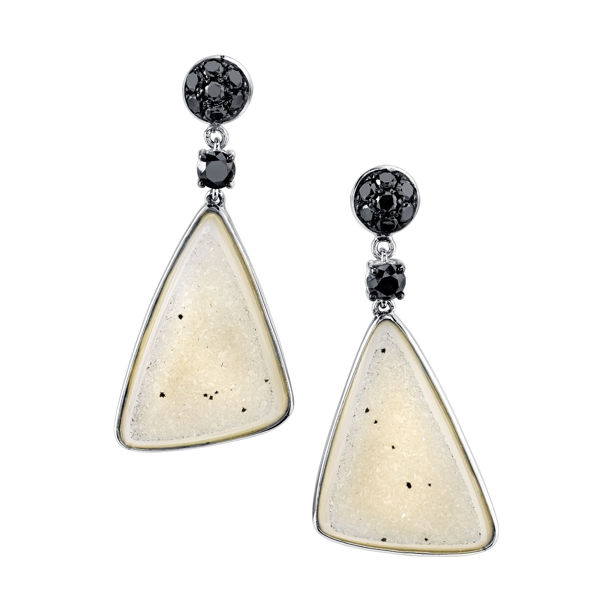 14Kt White Gold Bold Triangular Drop Style Druzy and Black Diamond Earrings