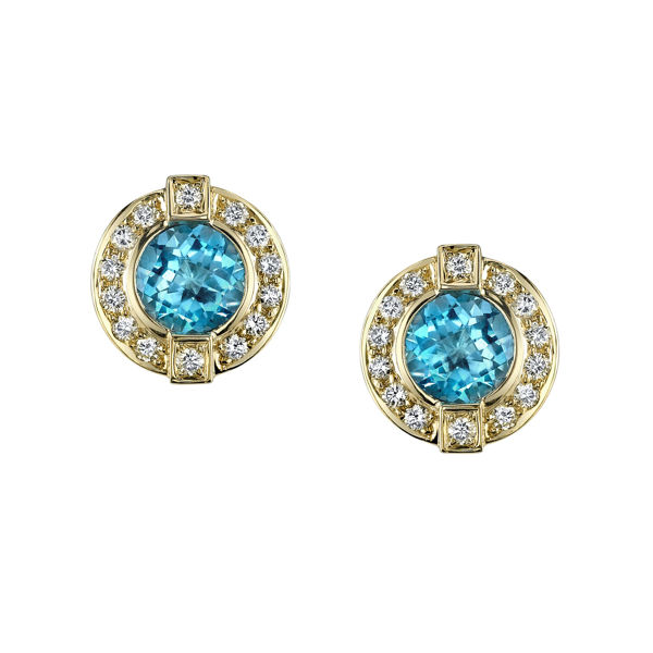 14Kt Yellow Gold Unique Halo Style Blue Topaz and Diamond Stud Earrings