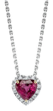 14Kt. White and Yellow Gold Heart Shaped Ruby and Diamond Halo Necklace