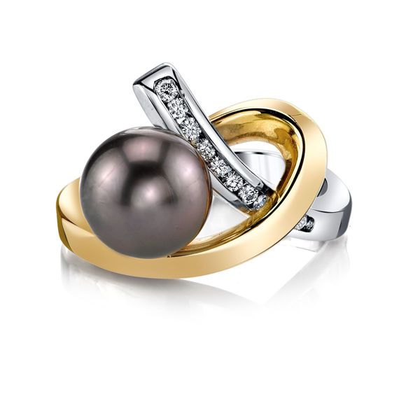 14Kt White and Yellow Gold Contemporary Freeform Style 9mm Black Tahitian Pearl and Diamond Ring
