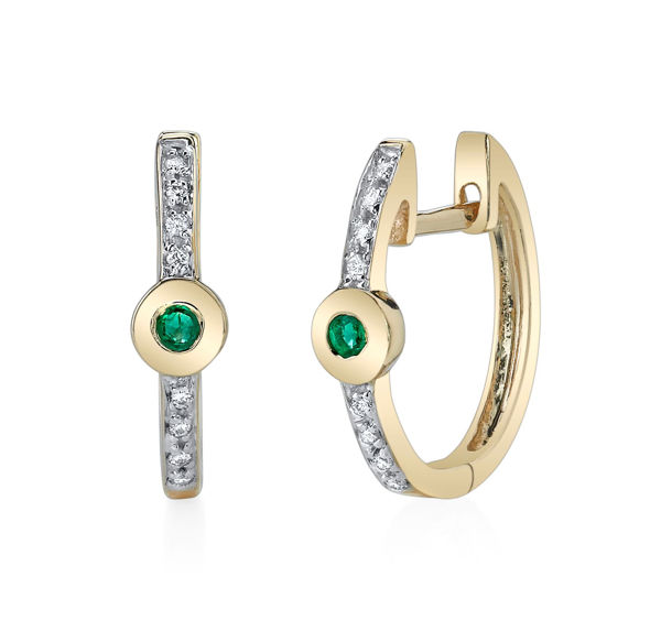 14Kt Yellow Gold Classic Emerald and Diamond Hoop Earrings