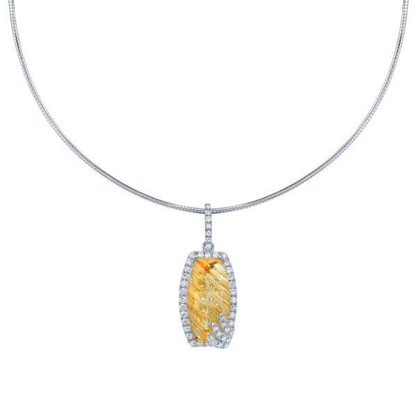 14Kt White Gold Unique Fancy Shape Citrine and Diamond Halo Pendant