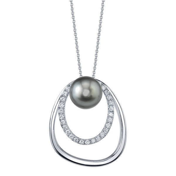 14Kt White Gold Modern Style 10mm Black Tahitian Pearl and Double Oval Diamond Pendant