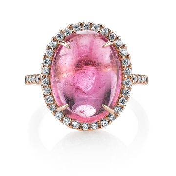 18Kt. Rose Gold Iconic Halo Design Pink Tourmaline Cabachon and Dimaond Ring