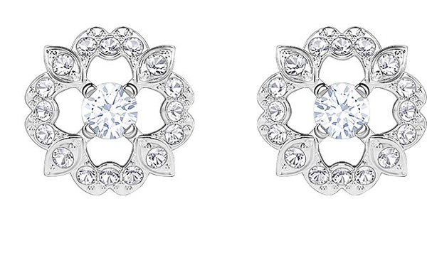 SPARKLING DANCE FLOWER PIERCED EARRINGS, WHITE, RHODIUM PLATING