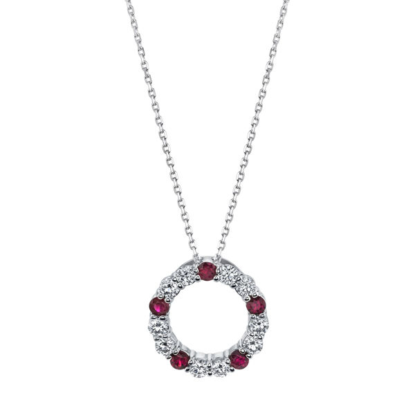 14Kt White Gold Natural Ruby and Diamond Circle Pendant