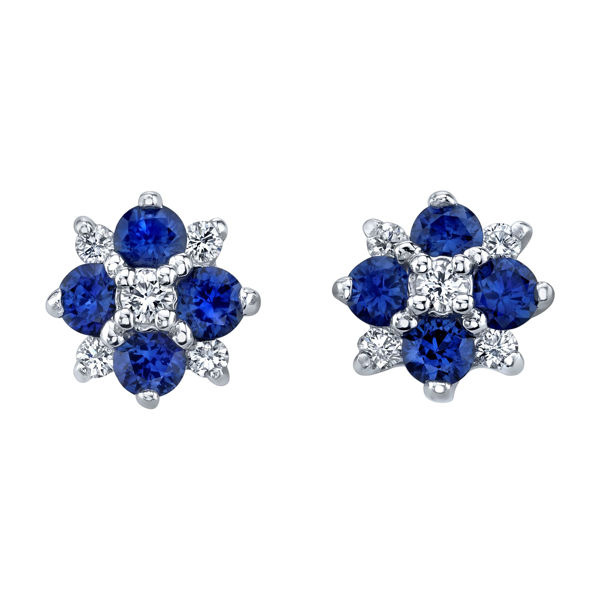 14Kt White gold Natural Blue Sapphire and Diamond Cluster Earrings