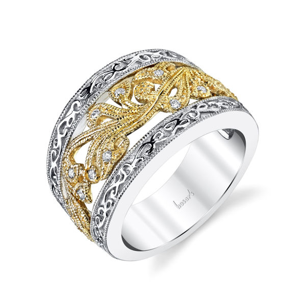 14kt White and Yellow Gold Vintage Scrolling Diamond Band