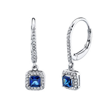 14kt White Gold Natural Sapphire and Diamond Halo Drop Dangle Earrings