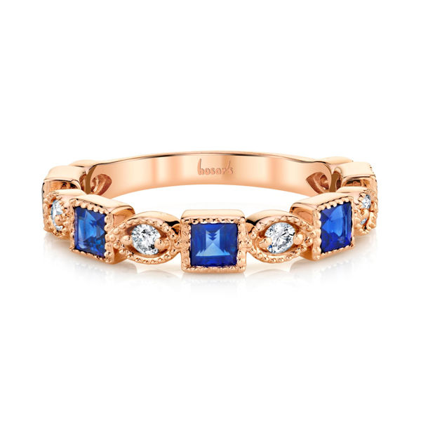 14kt Rose Gold Princess Cut Blue Sapphire and Round Diamond Milgrained Ring