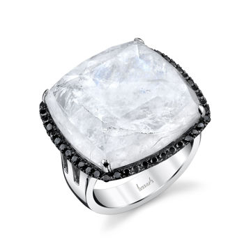 14kt White Gold Moonstone and Mother of Pearl Black Diamond Halo Ring