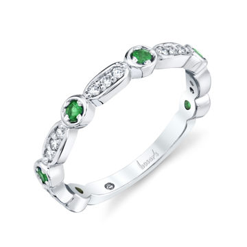 14kt White Gold Natural Emerald and Diamond Stackable Band