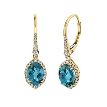 14kt Yellow Gold Oval London Blue Topaz and Diamond Halo Drop Earrings