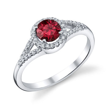 14kt White Gold Round Natural Ruby and Diamond Halo Ring
