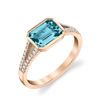 14kt Rose Gold Bezel Set East West Cushion Shaped Blue Zircon and Diamond Ring