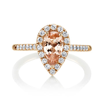 18kt Rose Gold Pear Shaped Morganite and Diamond Halo Ring