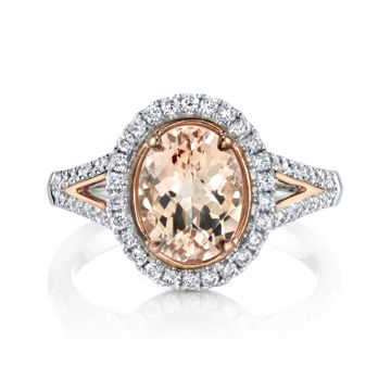 14kt Rose and White Gold Oval Morganite and Diamond Halo Ring with Split Shank