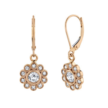 14kt Rose Gold Milgrained Floral Inspired Diamond Dangle Earrings