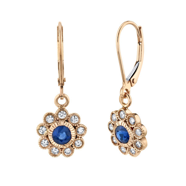 14kt Rose Gold Milgrained Floral Inspired Natural Sapphire and Diamond Dangle Earrings