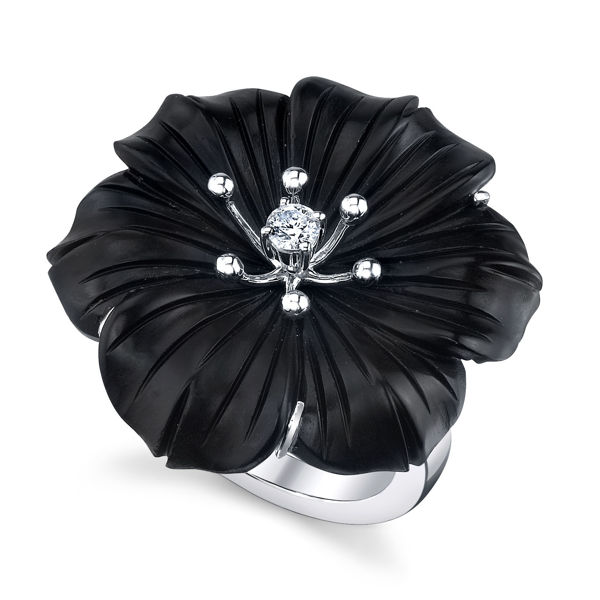 14kt White Gold Carved Onyx Flower and Diamond Ring