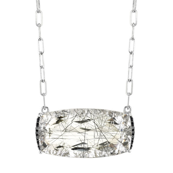 14kt White Gold Rutilated Quartz and Black Diamond Accent Necklace