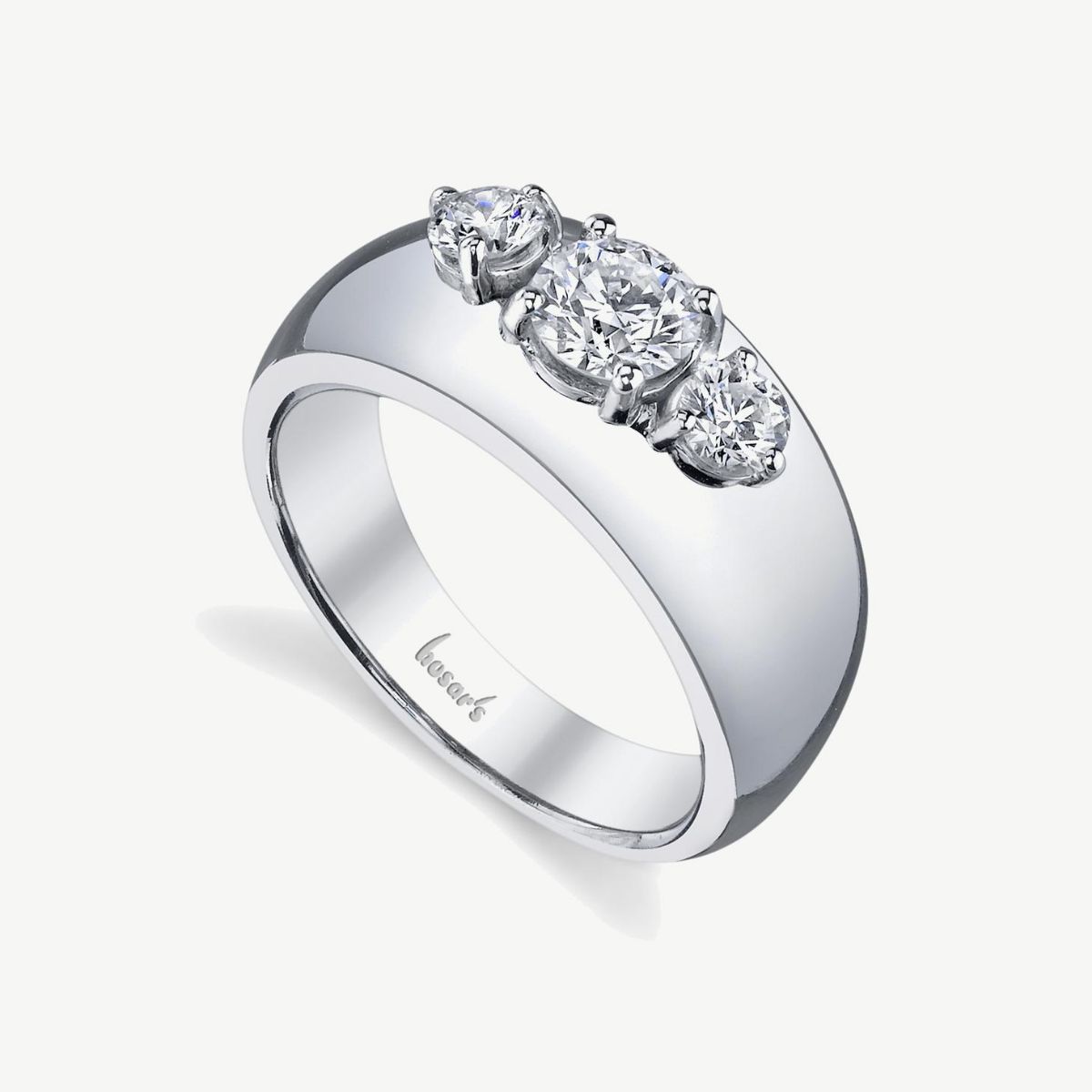 Picture of 14K White Gold Setting Only with Wide Rounded Band, 3 Round Prong Set Diamonds, and Tapered Shank Setup