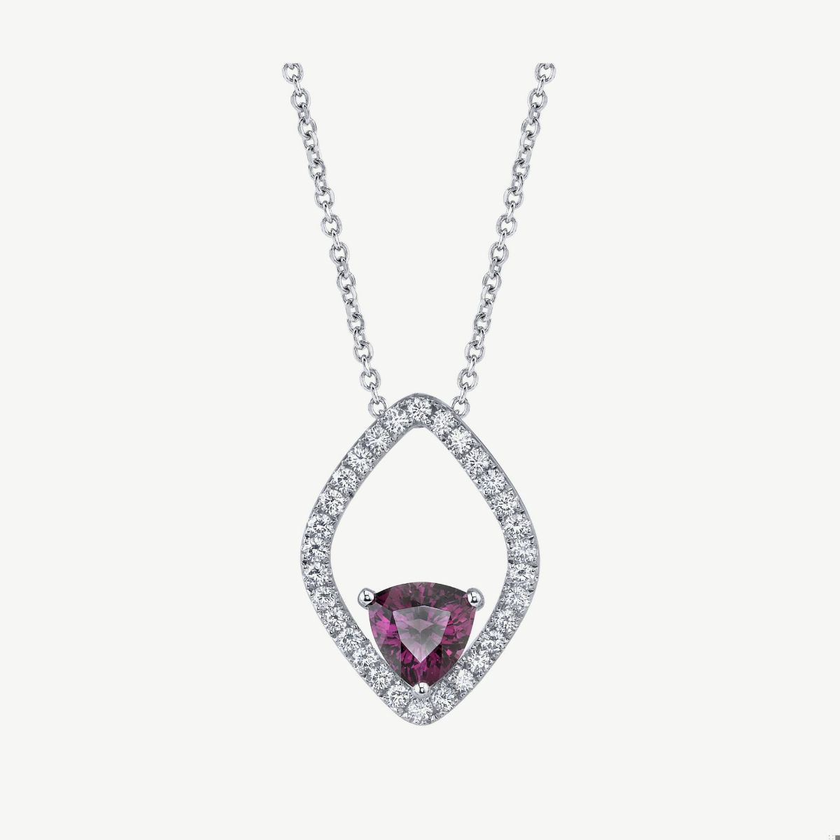 Picture of 14K White Gold Rhodolite Garnet and Diamond Pendant with Trillion Shaped Bottom