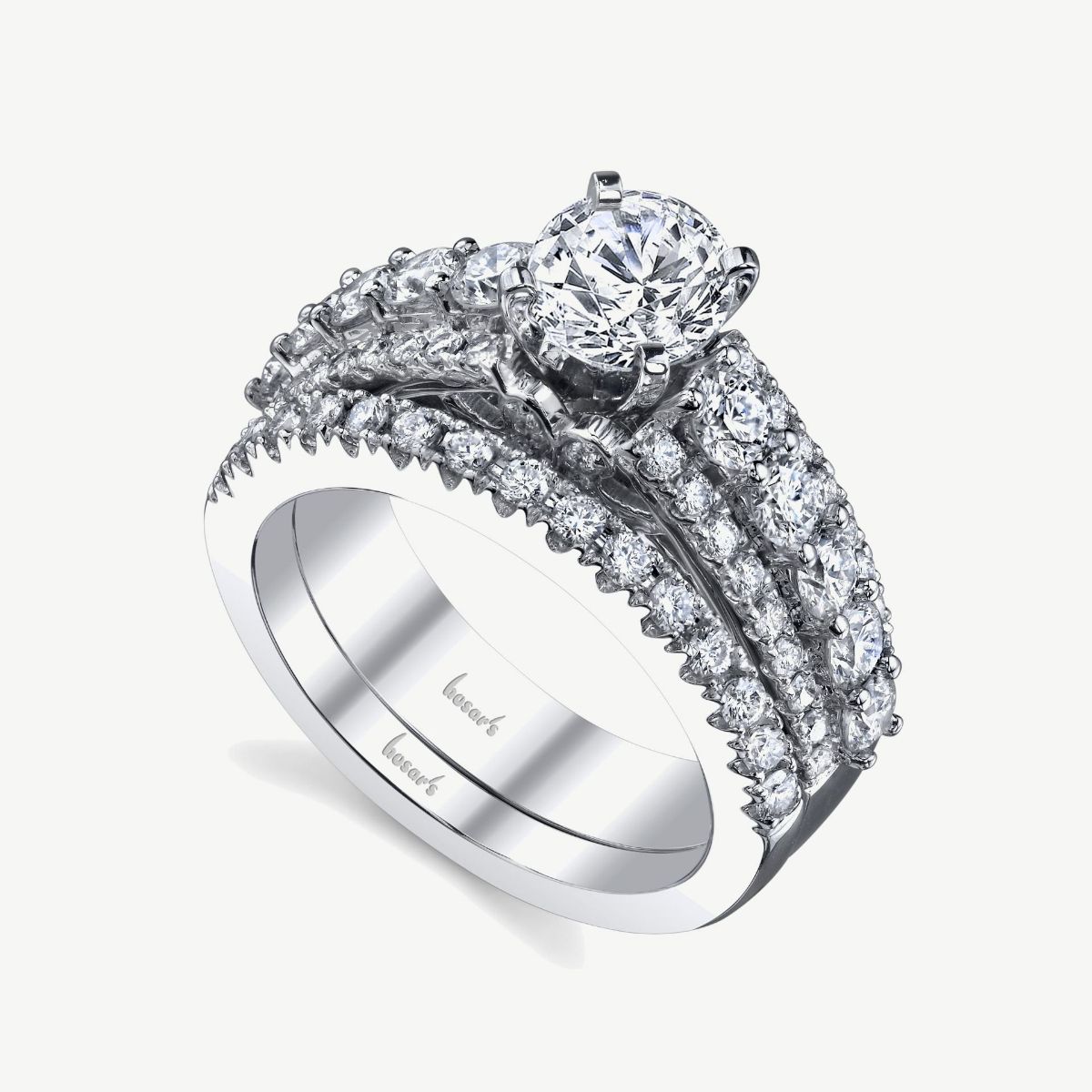 Picture of 14K White Gold Cathedral  3 Rows of Prong Set Round Diamonds, and Graduated Center Row Engagement Ring