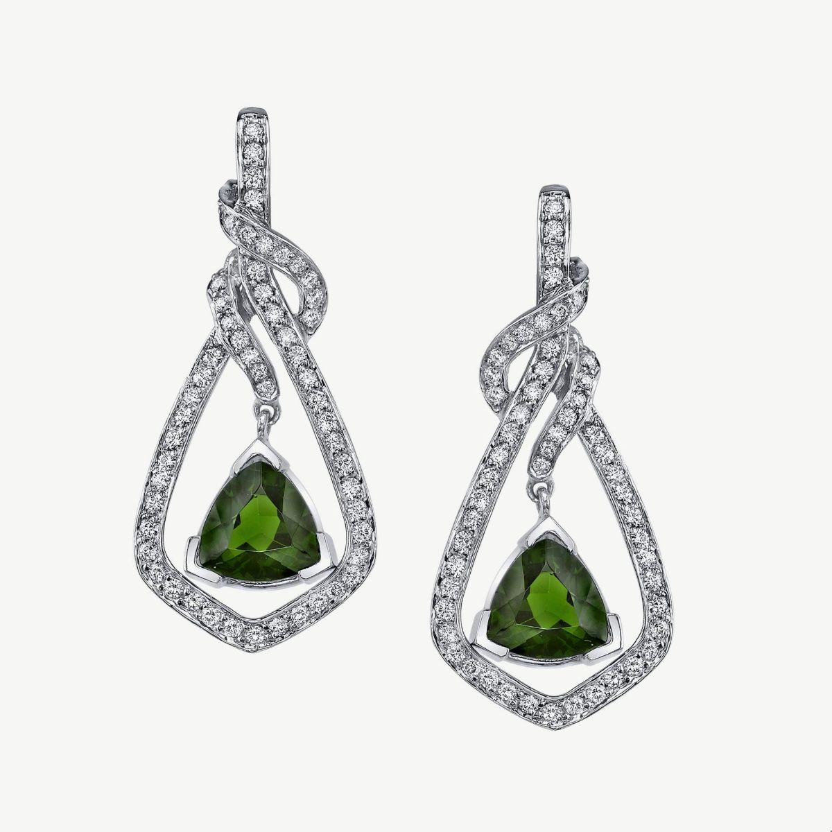 Picture of 14K White Gold Chrome Diopside Prong Set Diamonds in Kite Shape and Diamond Swirl Accent Pear Shaped Drop Pendant with Round